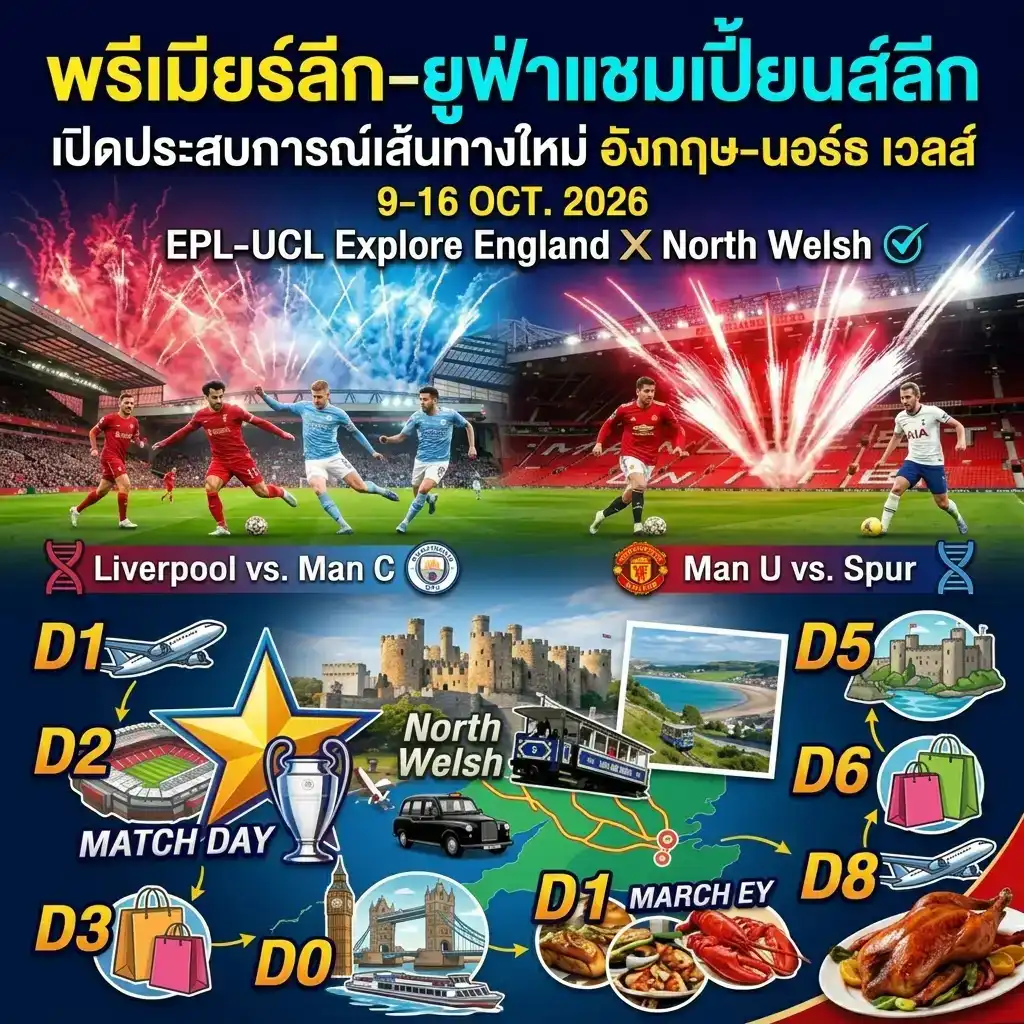 ทัวร์อังกฤษ พรีเมียร์ลีก-ยูฟ่าแชมเปียนส์ลีก (EPL-UCL Explore England X North Welsh) 8วัน 5คืน (EK)